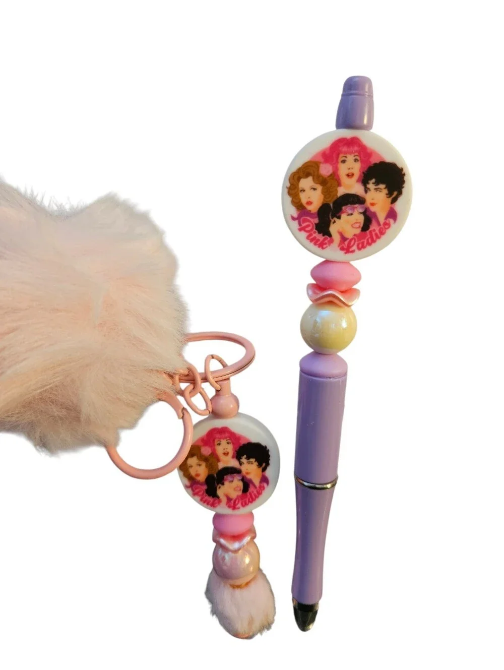 Pink Ladies Decorative Purple Ballpoint Pen with Pom Keychain